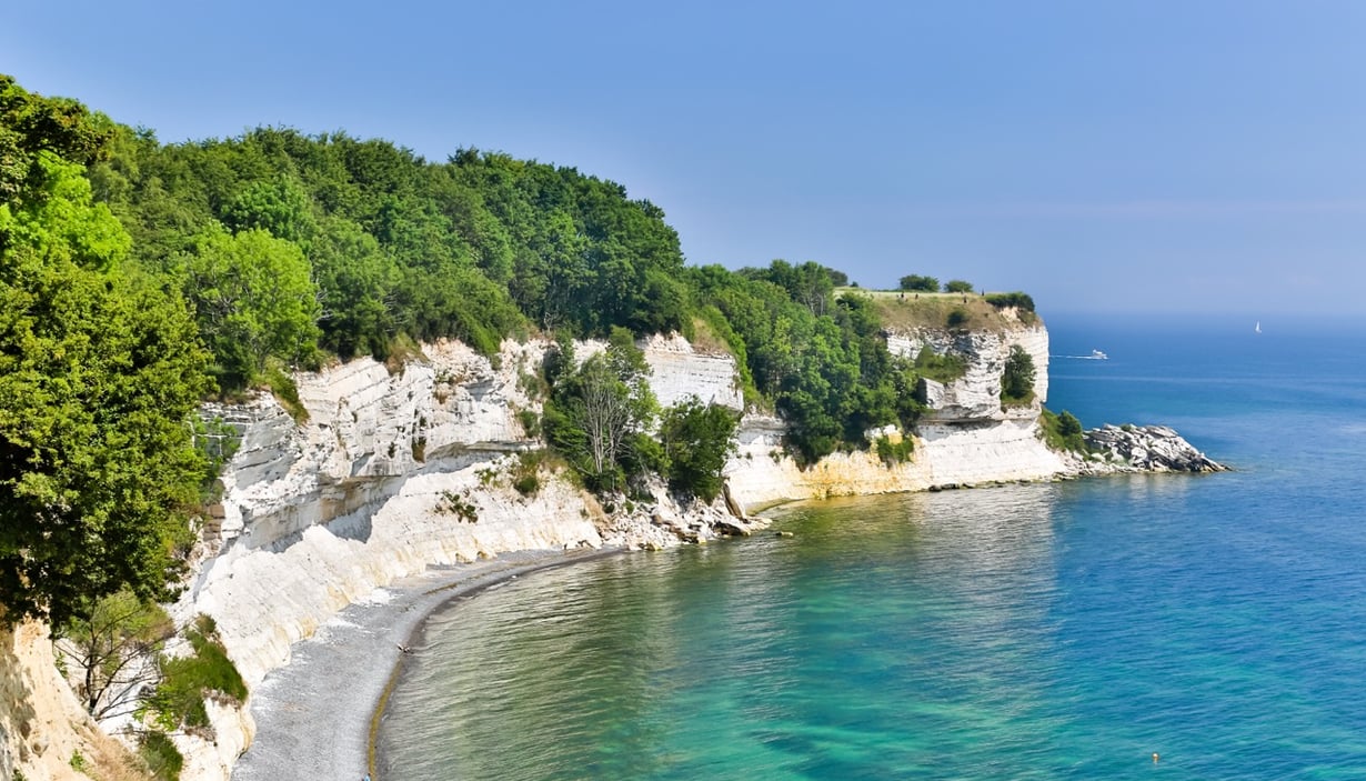 Stevns Klint på Sjælland i Danmark  - hvite kalkklipper og grønn vegetasjon.