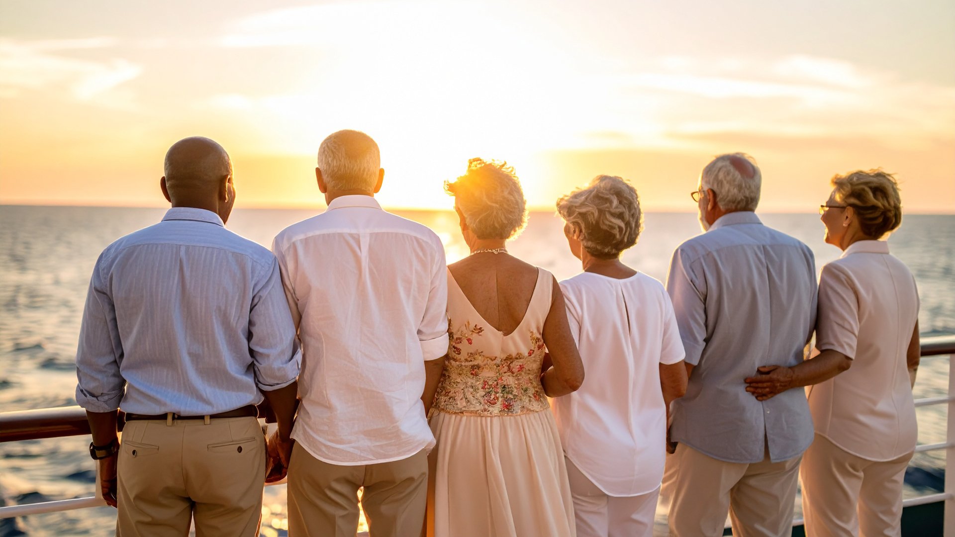 Gruppe eldre mennesker på dekk sett bakfra